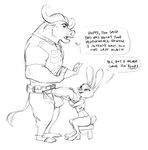  2018 adam_wan anthro balls bovine buffalo chief_bogo clothed clothing dialogue disney duo english_text erection exposed female humanoid_penis judy_hopps lagomorph male male/female mammal monochrome open_mouth penis rabbit simple_background size_difference sketch text white_background zootopia 