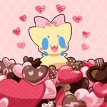  &lt;3 2018 ambiguous_gender arthropod blue_eyes blush blush_stickers candy chocolate cinamoncune empty_eyes food front_view fur insect joltik looking_at_viewer multi_eye nintendo open_mouth pattern_background pok&eacute;mon pok&eacute;mon_(species) ribbons simple_background solo standing tongue video_games yellow_body yellow_fur 
