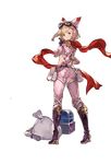  animal_hat ass blonde_hair boots djeeta_(granblue_fantasy) finger_gun from_behind full_body gloves goggles goggles_on_head granblue_fantasy hand_on_hip hat high_heel_boots high_heels jacket knee_boots looking_at_viewer minaba_hideo official_art open_clothes open_jacket pouch racing_suit red_scarf sack scarf short_hair smile solo transparent_background treasure_chest 