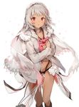  altera_(fate) anmi bangs blush commentary_request dark_skin fate/extella fate/extra fate/grand_order fate_(series) gift grey_hair hairband highres holding holding_gift looking_at_viewer navel parted_lips red_eyes shawl sidelocks simple_background solo standing thighs valentine white_background 