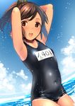  blue_sky blue_swimsuit brown_eyes brown_hair cloud covered_navel cowboy_shot day hair_ornament hairclip i-401_(kantai_collection) kantai_collection looking_at_viewer name_tag one-piece_swimsuit open_mouth outdoors ponytail sailor_collar school_swimsuit shiden_(sashimi_no_wife) shiny shiny_clothes short_ponytail sky smile solo swimsuit 