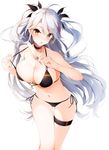  anchor azur_lane bangs bikini bikini_pull black_bikini black_bow blush bow breasts brown_eyes cleavage commentary_request eyebrows_visible_through_hair food hair_bow hands_up highlights highres holding holding_food kisaragi_kiriha large_breasts leaning_forward long_hair looking_at_viewer multicolored_hair navel open_mouth popsicle prinz_eugen_(azur_lane) side-tie_bikini silver_hair simple_background solo swimsuit thigh_gap thigh_strap thighs tsurime two_side_up white_background 