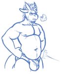  anthro beard belly big_belly bulge clothing dragon eyewear facial_hair glasses hands_on_hips horn kenjin male monochrome sketch slightly_chubby solo standing underwear 