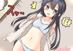  1girl asashio_(kantai_collection) black_hair blue_bra blue_eyes blue_panties blush bow bow_bra bow_panties bra breasts buttons collarbone commentary_request hair_between_eyes kantai_collection long_hair long_sleeves navel open_clothes open_mouth open_shirt panties shirt small_breasts solo sou_(soutennkouchi) training_bra twitter_username underwear white_shirt 