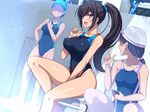  3girls bangs bare_arms bare_legs bare_shoulders barefoot black_hair blast_(lyricbox) blue_eyes blush breasts covered_navel erect_nipples faceless feet goggles happy highres holding index_finger_raised indoors large_breasts legs long_hair long_ponytail looking_at_another lyricbox medium_breasts multiple_girls no_eyes open_mouth original ponytail sitting smile standing sweat swim_cap swimsuit tan tanline thighs 