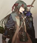  alternate_hairstyle armor bow_(weapon) coat commentary_request flight_deck gloves green_eyes grey_hair headband japanese_armor japanese_clothes jinbaori kantai_collection light_smile long_hair muneate partly_fingerless_gloves ree_(re-19) serious solo weapon yugake zuikaku_(kantai_collection) 