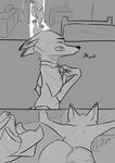  2018 anthro barefoot bed canine clothed clothing comic disney english_text eyes_closed fox greyscale inside ittybittykittytittys lying male mammal monochrome nick_wilde on_front open_mouth solo sound_effects text topless undressing yawn zootopia 