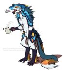  2018 4_fingers anthro beverage black_fur blue_fur blue_hair breathing coffee coffee_cup digitigrade eyes_closed fur gloves_(marking) hair holding_object male markings multicolored_fur rengako_(egsaku) sergal sharp_teeth sidgi socks_(marking) solo standing tan_fur teeth tired white_fur 