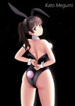  animal_ears ass bad_id bad_pixiv_id black_background brown_eyes brown_hair bunny_ears bunny_girl bunny_tail bunnysuit character_name cowboy_shot detached_collar from_behind katou_megumi long_hair looking_at_viewer looking_back myonlytony ponytail saenai_heroine_no_sodatekata solo standing star starry_background tail wrist_cuffs zipping 