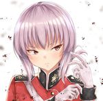  akamin blurry brown_eyes closed_mouth depth_of_field fate/grand_order fate_(series) florence_nightingale_(fate/grand_order) frown gloves head_tilt lavender_hair long_sleeves looking_away solo upper_body v-shaped_eyebrows white_background white_gloves 