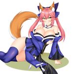  absurdres animal_ears bare_shoulders blue_kimono blue_legwear bow breast_hold breasts cleavage closed_mouth collar detached_sleeves eyebrows_visible_through_hair fate/extra fate/grand_order fate_(series) fox_ears fox_tail hair_between_eyes hair_bow highres huge_breasts japanese_clothes keshigomu kimono long_hair long_sleeves looking_at_viewer lying on_side panties pelvic_curtain pink_hair short_kimono smile strapless tail tamamo_(fate)_(all) tamamo_no_mae_(fate) transparent_background twintails underwear white_panties wide_hips wide_sleeves yellow_eyes 