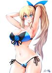  :o armpits arms_behind_head arms_up bandeau bangs bare_arms bare_legs bare_shoulders bikini bikini_tan black_ribbon blonde_hair blue_bikini blue_bow blue_eyes blue_flower blue_rose blush bow breasts cleavage collarbone commentary_request cowboy_shot eyebrows_visible_through_hair flower front-tie_top groin hair_bow hair_ornament hair_ribbon hair_tie highres large_breasts legs_apart long_hair looking_at_viewer mirai_akari mirai_akari_project navel open_mouth ribbon rose shiny shiny_skin side-tie_bikini side_ponytail sidelocks signature simple_background solo souryu standing stomach strapless strapless_bikini swimsuit tan tanline very_long_hair virtual_youtuber white_background 