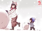  :3 artist_logo beanie black_footwear black_hair blue_eyes blue_hat brown_skirt commentary_request dated grey_coat hat kanon_(kurogane_knights) kantai_collection long_hair multiple_girls red_eyes rolling shigure_(kantai_collection) short_hair sidelocks skirt snowball white_hat winter_clothes yamashiro_(kantai_collection) younger 