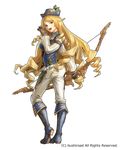  blonde_hair blue_eyes boots bow_(weapon) character_request drill_hair geetgeet gloves granadia_saga hat holding holding_bow_(weapon) holding_weapon knee_boots long_hair official_art ojou-sama_pose solo very_long_hair weapon white_background 