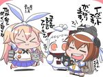  &gt;_&lt; :3 ahoge animal_ears arms_up bag binoculars blonde_hair blush_stickers brown_hair bunny_ears chibi closed_eyes collar comic commentary_request crop_top dress elbow_gloves enemy_aircraft_(kantai_collection) fake_animal_ears gloves hair_ribbon headgear horns kantai_collection long_hair long_sleeves mittens multiple_girls navel northern_ocean_hime open_mouth orange_eyes pleated_skirt rensouhou-chan ribbon rigging sailor_dress sako_(bosscoffee) satchel shimakaze_(kantai_collection) shinkaisei-kan shirt short_hair sitting sitting_on_head sitting_on_person skirt sleeveless sleeveless_shirt smile striped striped_legwear thighhighs translation_request white_background white_hair x3 yukikaze_(kantai_collection) 