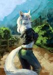  anthro blue_eyes butt_pose canine clothed clothing female fence fur hair mammal outside road saterina solo standing white_fur white_hair wolf 