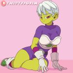  1girl animated animated_gif armor artist_name ass bodysuit breasts chirai dragon_ball dragon_ball_super female gloves green_skin hips impossible_bodysuit impossible_clothes looking_at_viewer medium_breasts purple_eyes shiny shiny_skin short_hair smile solo thighs twistedgrim white_hair 