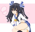  black_hair black_legwear blush crawford_(semochan) eyebrows_visible_through_hair hair_ornament hair_ribbon long_hair looking_at_viewer neptune_(series) open_mouth panties pantyshot plaid plaid_ribbon red_eyes ribbon school_uniform solo underwear uni_(choujigen_game_neptune) white_panties 