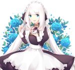  1girl :d alternate_costume apron bangs black_dress blue_eyes blue_flower blue_rose cake commentary dress enmaided eyebrows_visible_through_hair fate/grand_order fate_(series) flower food frilled_apron frills holding holding_food holding_plate juliet_sleeves long_hair long_sleeves maid marie_antoinette_(fate/grand_order) open_mouth plate puffy_sleeves rocm_(nkkf3785) rose sidelocks slice_of_cake smile solo twintails upper_teeth very_long_hair white_apron white_background white_hair 