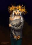  anthro arm_grab autumn clothed clothing feline female green_eyes hair leaves lion long_hair looking_at_viewer mammal pink_nose saterina solo standing white_hair 