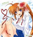  :d ahoge bow breasts brown_hair cleavage confetti dated hair_bow heart_ribbon long_hair looking_at_viewer lyrical_nanoha mahou_shoujo_lyrical_nanoha_strikers medium_breasts open_mouth pencil_skirt red_bow san-pon side_ponytail skirt smile solo takamachi_nanoha twitter_username very_long_hair 