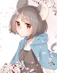  abe_suke animal_ears bangs brown_eyes brown_hair capelet closed_mouth eyebrows_visible_through_hair jewelry looking_at_viewer mouse_ears mouse_tail nazrin necklace petals short_hair solo tail touhou upper_body 