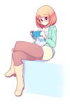  absurdres black_eyes black_legwear boots earbuds earphones fizintine game_console glasses green_sweater highres legs luna_(fizintine) orange_hair original pillow side_part sitting solo sweater thighhighs white_background 