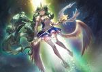  1girl alternate_costume alternate_eye_color alternate_hair_color alternate_hairstyle fluffy_ears gloves green_hair horn league_of_legends long_hair solo soraka star_guardian_soraka thighhighs very_long_hair white_gloves white_legwear white_wings wings 