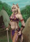  axe belt canine clothed clothing female hair holding_sword jewelry long_hair looking_at_viewer mammal melee_weapon navel necklace outside polearm saterina sky spear standing sword teepee tomahawk tree weapon white_hair wolf yellow_sclera 