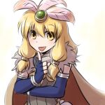  1girl alchemist_(ragnarok_online) bangs blonde_hair blue_gloves breasts brown_cape brown_dress cape commentary_request dress elbow_gloves feather_hair_ornament feathers finger_to_own_chin fingerless_gloves fur_collar gloves hair_between_eyes hair_ornament long_hair looking_at_viewer natsuya_(kuttuki) open_mouth ragnarok_online sidelocks simple_background small_breasts smile solo strapless strapless_dress upper_body white_background yellow_eyes 