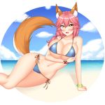  absurdres animal_ears beach beagle bikini blue_bikini blush bracelet breast_hold breasts cloud collarbone day eyebrows_visible_through_hair fang fate/grand_order fate_(series) fox_ears fox_tail hair_between_eyes hair_over_shoulder highres huge_breasts jewelry keshigomu long_hair looking_at_viewer low_twintails lying navel on_side open_mouth outdoors outside_border pink_hair side-tie_bikini sky smile solo star string_bikini swimsuit tail tamamo_(fate)_(all) tamamo_no_mae_(fate) tamamo_no_mae_(swimsuit_lancer)_(fate) thigh_gap transparent_background twintails wide_hips yellow_eyes 