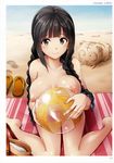  absurdres areolae bag ball bangs beach beach_towel beachball black_hair blunt_bangs braid breasts brown_eyes closed_mouth collarbone day eyebrows_visible_through_hair fingernails hair_ornament hair_tie hand_up highres holding holding_ball kamelie kotora_(toranoana) large_areolae large_breasts long_fingernails long_hair looking_at_viewer mascot nail_polish navel nipples non-web_source nude outdoors pink_nails puffy_nipples sand scan screening shiny shiny_skin shoulder_bag sidelocks sitting smile solo toranoana towel twin_braids wariza water 