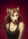  anthro black_nose blue_eyes breasts bust_portrait canine cleavage clothed clothing female hair long_hair mammal portrait saterina shirt simple_background solo tank_top wolf 