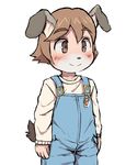  ambiguous_gender animal_humanoid big_eyes big_head blush brown_eyes brown_hair canine clothed clothing cub cute dagasi dog_humanoid front_view fully_clothed hair humanoid kemono legs_together mammal overalls portrait short_hair simple_background smile solo standing three-quarter_portrait white_background young 