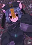  abe_suke alternate_costume animal_ears bangs chinese_clothes eyebrows_visible_through_hair floral_background hat highres jewelry jiangshi looking_at_viewer mouse_ears nazrin necklace ofuda purple_skin red_eyes short_hair signature sleeves_past_fingers sleeves_past_wrists solo touhou upper_body 