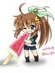  ahoge biting black_footwear blue_eyes boots brown_hair chibi clenched_teeth cross-laced_footwear cutoffs dated eating food full_body fuuka_reventon green_ribbon hair_ribbon lace-up_boots long_hair lyrical_nanoha minigirl ponytail popsicle ribbon san-pon shorts sidelocks solo teeth twitter_username very_long_hair vivid_strike! watermelon_bar white_background 