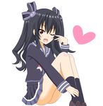  black_hair black_legwear blush brown_footwear crawford_(semochan) eyebrows_visible_through_hair hair_ornament hair_ribbon heart long_hair looking_at_viewer neptune_(series) one_eye_closed open_mouth red_eyes ribbon school_uniform simple_background sitting solo thighhighs twintails uni_(choujigen_game_neptune) v white_background 