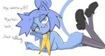  anthro blue_fur breasts clothed clothing dialogue english_text feline female filthypally footwear fur hair legwear lying mammal partially_clothed shoes simple_background stockings teeth text tongue white_background 