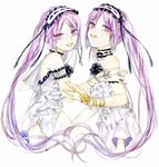  2girls armlet choker euryale fate/grand_order fate/hollow_ataraxia fate_(series) headband jewelry long_hair looking_at_viewer looking_away multiple_girls siblings simple_background sisters smile stheno twins twintails very_long_hair white_background white_dress 