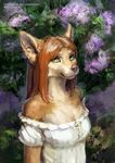  anthro canine clothed clothing female flower green_eyes hair inner_ear_fluff mammal plant saterina solo 