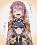 beanie blanket blue_hair claw_pose closed_mouth commentary_request hat jacket kagamihara_nadeshiko long_hair multiple_girls natsutarou open_mouth pink_hair scarf shima_rin smile translated yurucamp 