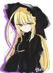  abe_suke ahoge bangs black_hat blonde_hair closed_mouth commentary_request eyebrows_visible_through_hair green_eyes hair_between_eyes hat long_hair looking_at_viewer original sidelocks signature simple_background solo upper_body white_background 