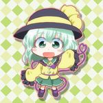  argyle argyle_background black_footwear black_hat blouse buttons chibi collar commentary_request eyeball eyebrows_visible_through_hair frilled_collar frills full_body green_eyes green_hair green_skirt hat hat_ribbon heart heart_of_string komeiji_koishi long_sleeves looking_at_viewer matty_(zuwzi) medium_hair open_mouth ribbon skirt sleeves_past_fingers sleeves_past_wrists solo third_eye touhou yellow_blouse yellow_ribbon 