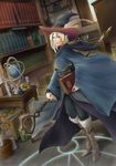 androgynous aritani_mahoro blonde_hair blue_eyes book boots bottle candle candlestand commentary elf fantasy fur_trim globe hat hat_feather holding holding_staff magic_circle male_focus original pointy_ears robe solo staff wide_sleeves witch_hat 