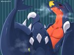  ambiguous_fluids ambiguous_gender blush embarrassed garchomp nintendo pattern_background pok&eacute;mon pok&eacute;mon_(species) saliva signature simple_background solo teoluve378 video_games 