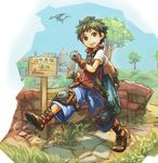  bag black_eyes black_hair dragon fantasy fingerless_gloves geetgeet gloves male_focus original sandals scenery sheath sheathed short_hair shorts signpost sword tree walking weapon 