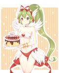 bangs bare_shoulders bikini_bottom blush bow breasts brown_eyes cake cleavage closed_mouth collarbone commentary_request eyebrows_visible_through_hair feathered_wings food green_hair hair_between_eyes hairband happy_birthday head_wings high_ponytail holding holding_plate light_(luxiao_deng) long_hair looking_at_viewer medium_breasts navel plate ponytail ragnarok_online red_bikini_bottom red_hairband sidelocks smile solo sparkle striped striped_bow vertical_stripes very_long_hair wanderer white_wings wings 