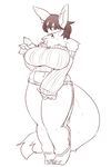  2017 barefoot belt big_breasts big_ears blush breasts canine chest_tuft clothed clothing dark_hair fdokkaku female fluffy_ears fully_clothed huge_breasts jeans long_tail mammal midriff pants shy smile solo sweater tuft voluptuous wave 