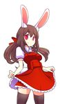  animal_ears black_legwear brown_hair bunny_ears bunny_tail dress fizintine highres long_hair original red_eyes smile solo tail white_background 