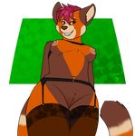  2018 bottomless breasts brown_eyes brown_nose clothed clothing female flashing fur hair legwear looking_at_viewer looking_down low-angle_view mammal nipples nude os pink_hair pussy red_fur red_panda smile stockings worm&#039;s-eye_view 